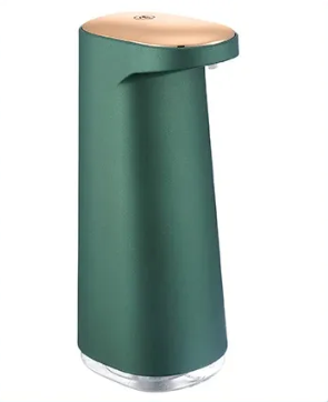 Green soap dispenser with a gold top on a white background