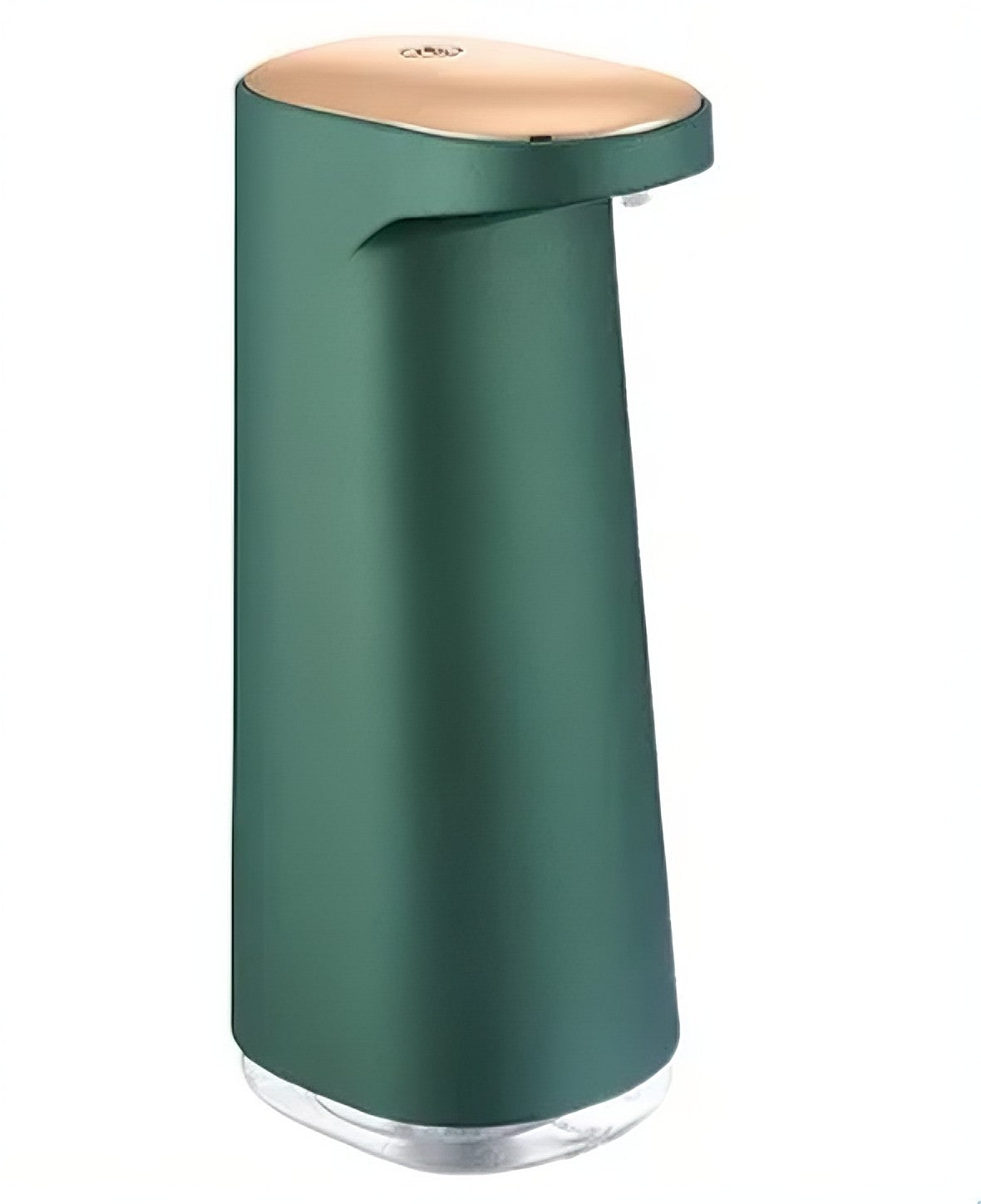 Green soap dispenser with a beige top on a white background